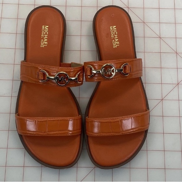 Michael Kors Leather Double-Strap Slide Sandals silver logos never worn 6 1/2